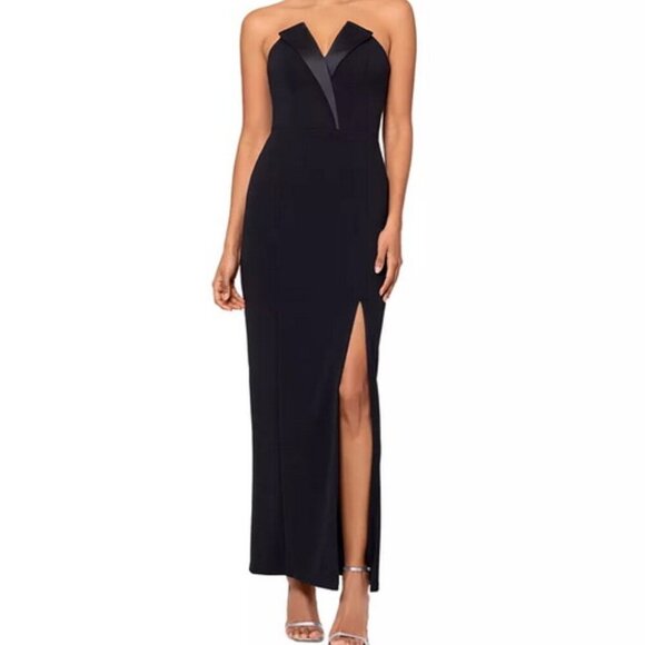 Betsy & Adam Black Tux Detail Strapless Column Gown - Picture 1 of 3